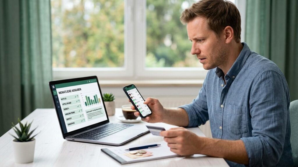 Mann prüft Online-Abos am Laptop